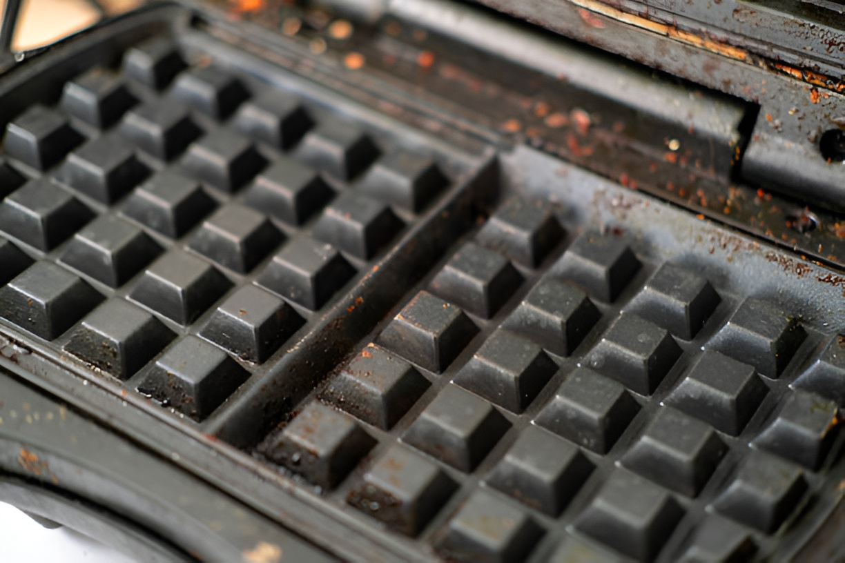 close-up of a dirty waffle maker